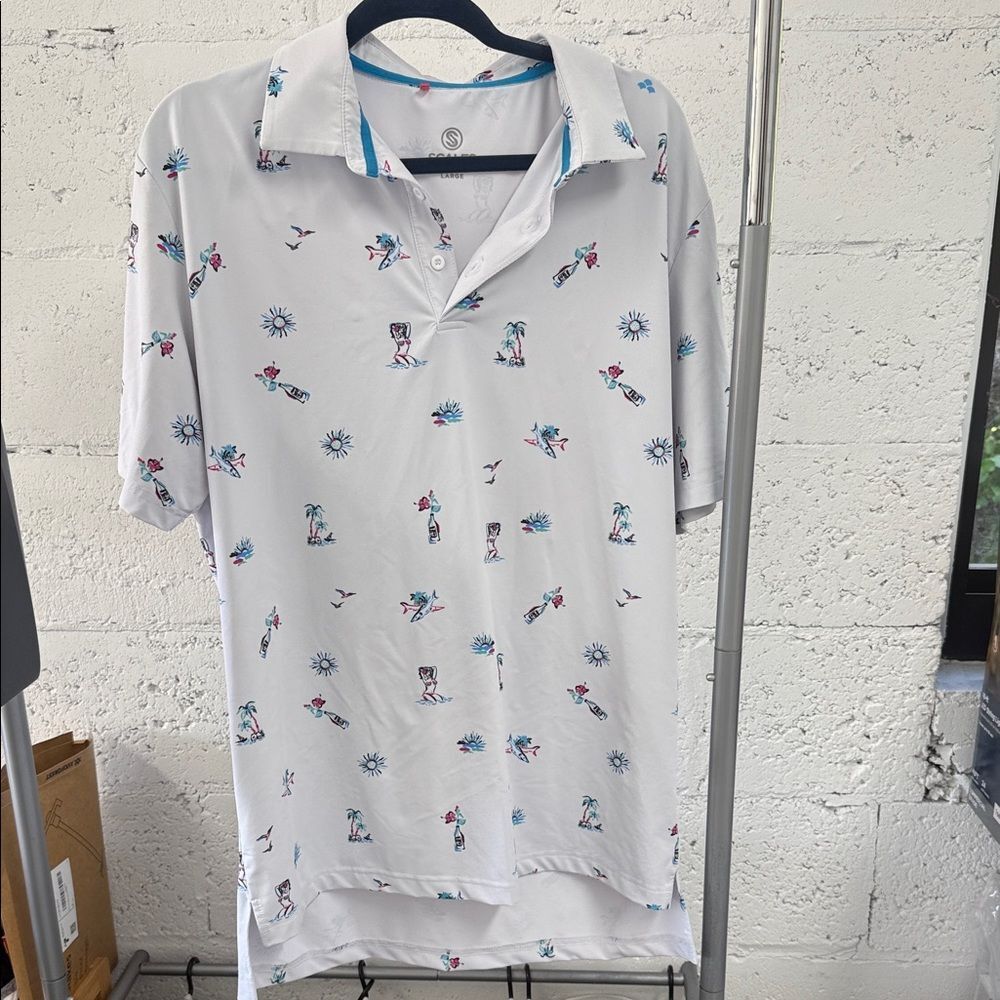 Men's White Patterned Shirt SCALES - UV Protect Like NEW Golf Shirt Collared